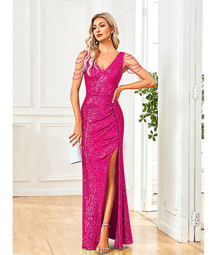 Black Prom Dress Elegant V-Neck Sequins Party Dress Blue Slit Evening Dress Luxury Beading Cocktail Dress D419 - Lusy Store