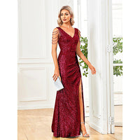 Black Prom Dress Elegant V-Neck Sequins Party Dress Blue Slit Evening Dress Luxury Beading Cocktail Dress D419 - Lusy Store