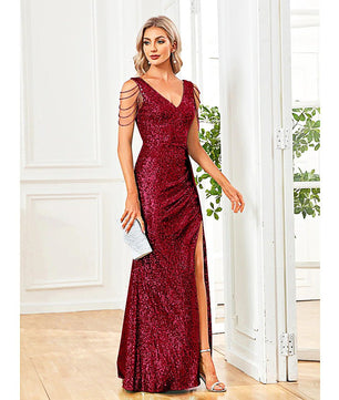 Black Prom Dress Elegant V-Neck Sequins Party Dress Blue Slit Evening Dress Luxury Beading Cocktail Dress D419 - Lusy Store