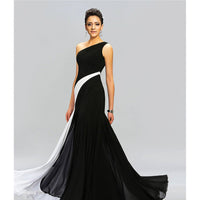 Black Prom Dress Floor-Length Sleeveless Black & White Contrast Color One Shoulder Pleats Chiffon Evening Dress D422 - Lusy Store