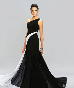 Black Prom Dress Floor-Length Sleeveless Black & White Contrast Color One Shoulder Pleats Chiffon Evening Dress D422 - Lusy Store