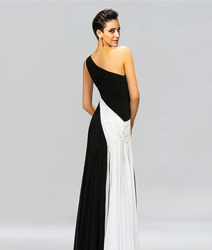 Black Prom Dress Floor-Length Sleeveless Black & White Contrast Color One Shoulder Pleats Chiffon Evening Dress D422 - Lusy Store