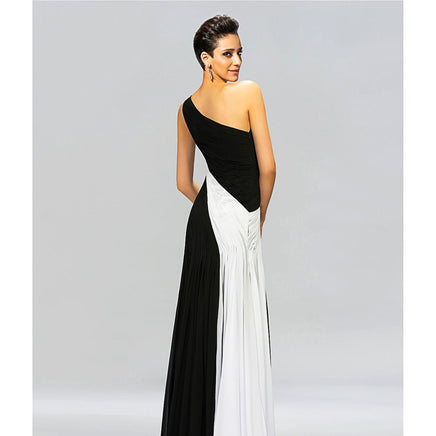 Black Prom Dress Floor-Length Sleeveless Black & White Contrast Color One Shoulder Pleats Chiffon Evening Dress D422 - Lusy Store