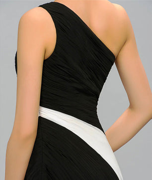 Black Prom Dress Floor-Length Sleeveless Black & White Contrast Color One Shoulder Pleats Chiffon Evening Dress D422 - Lusy Store