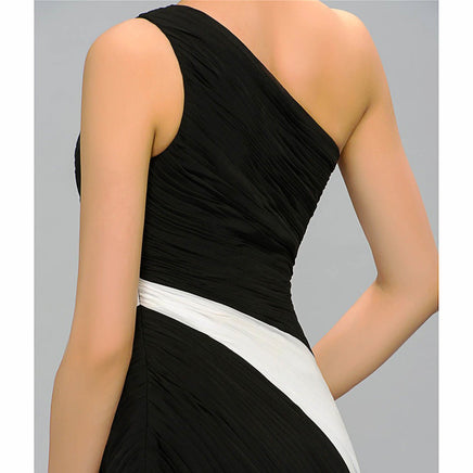 Black Prom Dress Floor-Length Sleeveless Black & White Contrast Color One Shoulder Pleats Chiffon Evening Dress D422 - Lusy Store