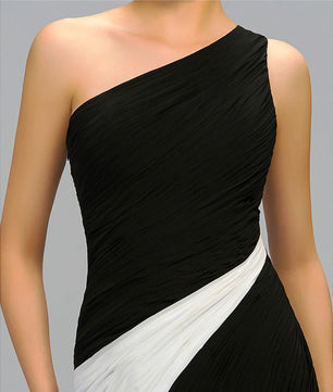 Black Prom Dress Floor-Length Sleeveless Black & White Contrast Color One Shoulder Pleats Chiffon Evening Dress D422 - Lusy Store