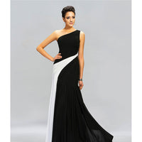 Black Prom Dress Floor-Length Sleeveless Black & White Contrast Color One Shoulder Pleats Chiffon Evening Dress D422 - Lusy Store