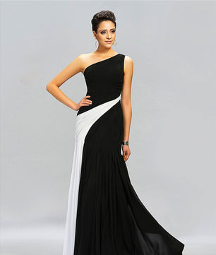 Black Prom Dress Floor-Length Sleeveless Black & White Contrast Color One Shoulder Pleats Chiffon Evening Dress D422 - Lusy Store