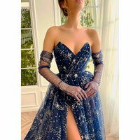 Black Prom Dress Glitter Navy Blue Starry Tulle Maxi High Slit A-Line Evening Party Dresses D418 - Lusy Store
