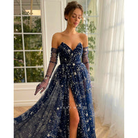 Black Prom Dress Glitter Navy Blue Starry Tulle Maxi High Slit A-Line Evening Party Dresses D418 - Lusy Store