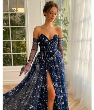 Black Prom Dress Glitter Navy Blue Starry Tulle Maxi High Slit A-Line Evening Party Dresses D418 - Lusy Store