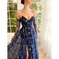 Black Prom Dress Glitter Navy Blue Starry Tulle Maxi High Slit A-Line Evening Party Dresses D418 - Lusy Store