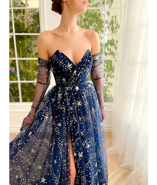Black Prom Dress Glitter Navy Blue Starry Tulle Maxi High Slit A-Line Evening Party Dresses D418 - Lusy Store