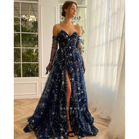 Black Prom Dress Glitter Navy Blue Starry Tulle Maxi High Slit A-Line Evening Party Dresses D418 - Lusy Store