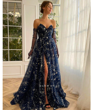Black Prom Dress Glitter Navy Blue Starry Tulle Maxi High Slit A-Line Evening Party Dresses D418 - Lusy Store