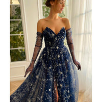 Black Prom Dress Glitter Navy Blue Starry Tulle Maxi High Slit A-Line Evening Party Dresses D418 - Lusy Store