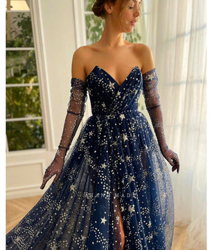 Black Prom Dress Glitter Navy Blue Starry Tulle Maxi High Slit A-Line Evening Party Dresses D418 - Lusy Store