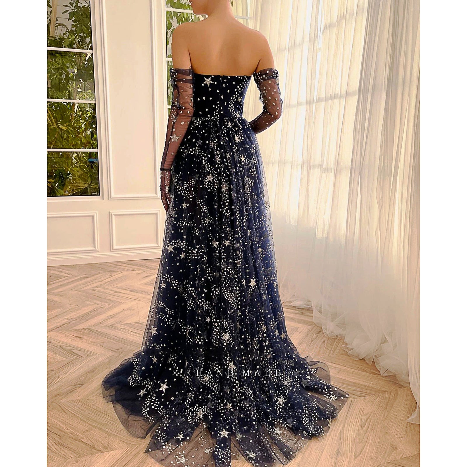 Black Prom Dress Glitter Navy Blue Starry Tulle Maxi High Slit A-Line Evening Party Dresses D418 - Lusy Store