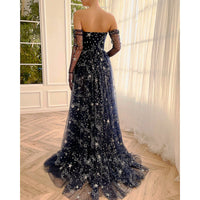 Black Prom Dress Glitter Navy Blue Starry Tulle Maxi High Slit A-Line Evening Party Dresses D418 - Lusy Store