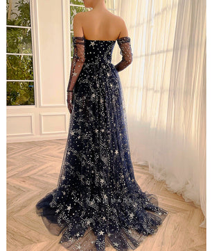 Black Prom Dress Glitter Navy Blue Starry Tulle Maxi High Slit A-Line Evening Party Dresses D418 - Lusy Store