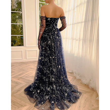 Black Prom Dress Glitter Navy Blue Starry Tulle Maxi High Slit A-Line Evening Party Dresses D418 - Lusy Store