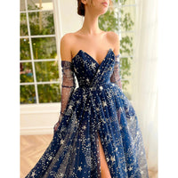 Black Prom Dress Glitter Navy Blue Starry Tulle Maxi High Slit A-Line Evening Party Dresses D418 - Lusy Store