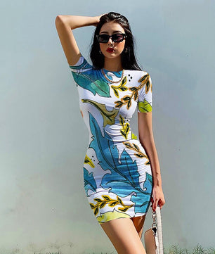 Bodycon Dresses Floral Leaves Bohemian O Neck Retro Mini Dress Female D505 - Lusy Store
