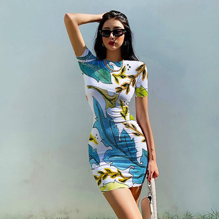 Bodycon Dresses Floral Leaves Bohemian O Neck Retro Mini Dress Female D505 - Lusy Store