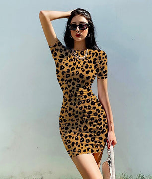 Bodycon Dresses Leopard Women Streetwear Party Festiva Outfit O Neck D504 - Lusy Store