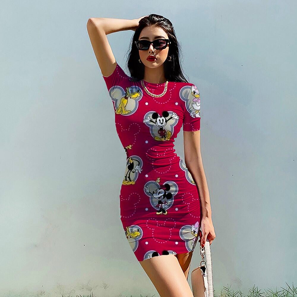 Summer Disney Minnie Mickey Mouse Sexy Mini Bodycon Short Sleeve