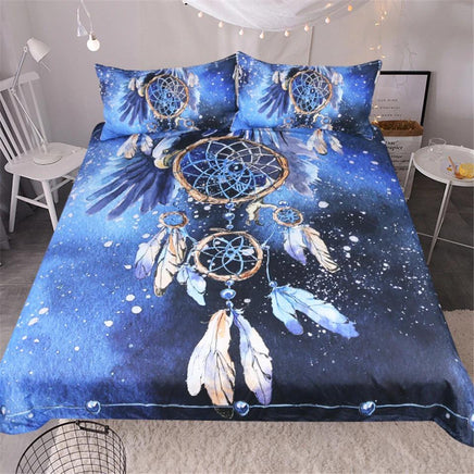 Boho Bedding Set Queen Size Feather Blue Printed Duvet Cover Bald Eagle Home Textiles - Lusy Store