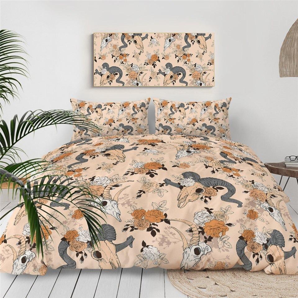 Boho Bedding Sets Tribal Horns Flowers Duvet Cover Rustic Bedclothes Skull Black Gothic Home Textiles - Lusy Store