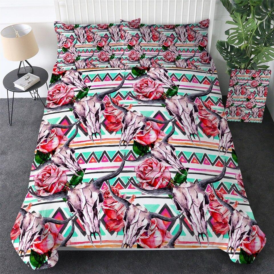 Boho Bedding Sets Tribal Horns Flowers Duvet Cover Rustic Bedclothes Skull Black Gothic Home Textiles - Lusy Store