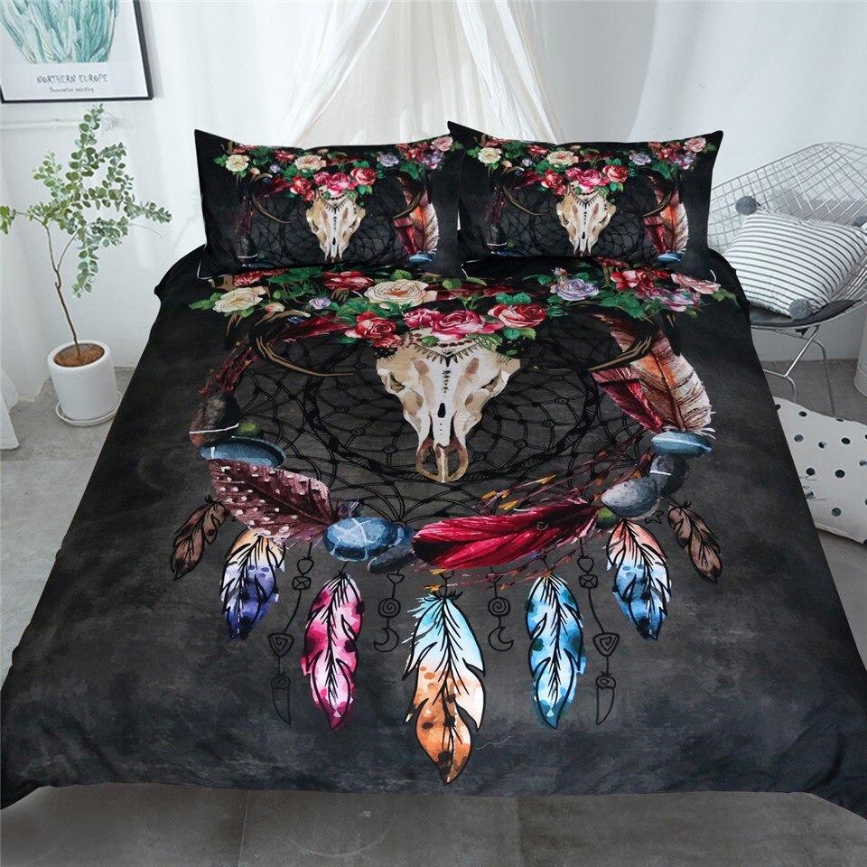Boho Bedding Sets Tribal Horns Flowers Duvet Cover Rustic Bedclothes Skull Black Gothic Home Textiles - Lusy Store
