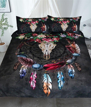 Boho Bedding Sets Tribal Horns Flowers Duvet Cover Rustic Bedclothes Skull Black Gothic Home Textiles - Lusy Store