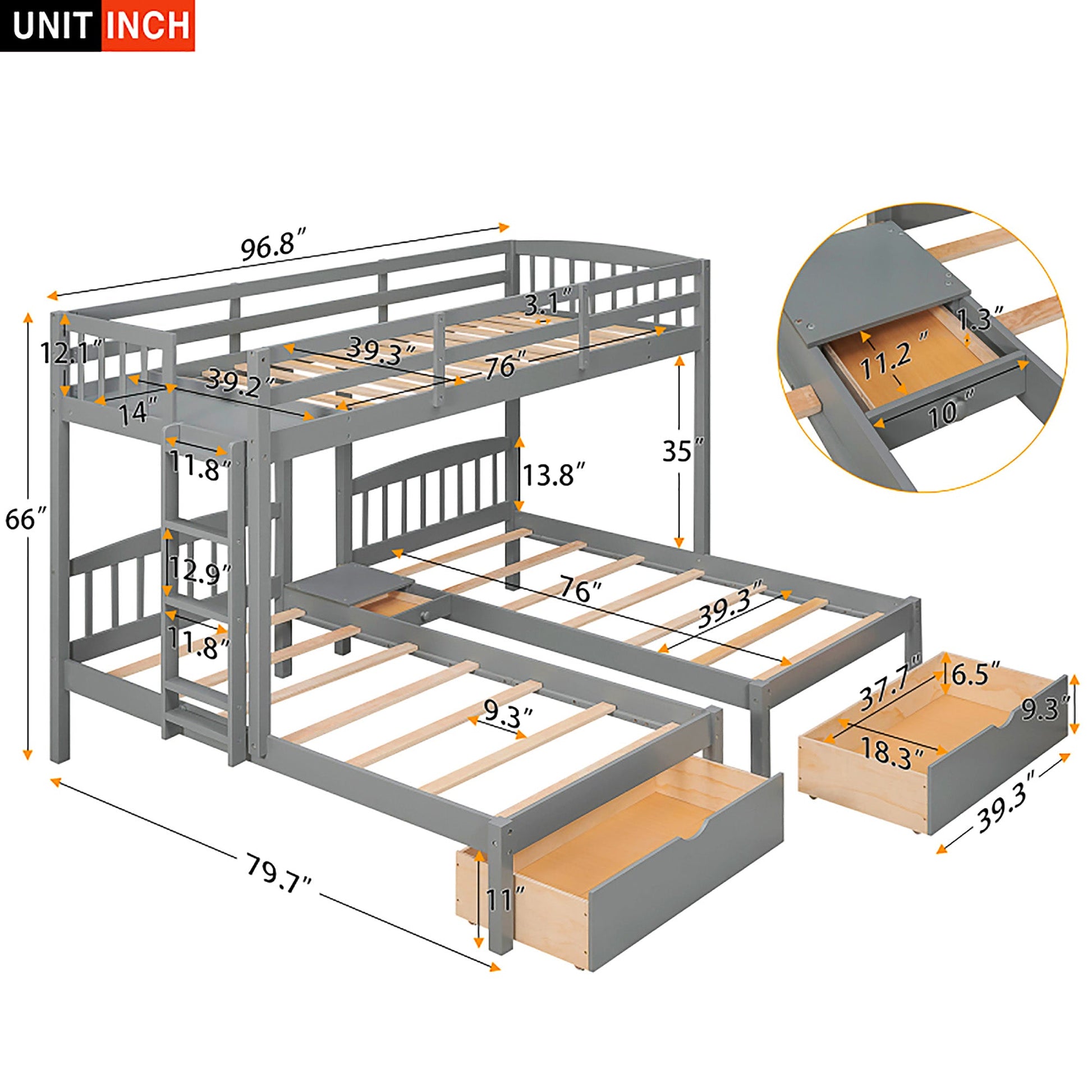 Bunk Beds Double Parallel With Middle Storage Staircase And Full Length Guardrail F416 - Lusy Store