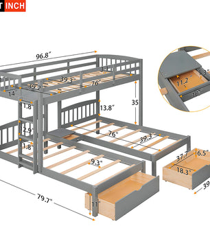 Bunk Beds Double Parallel With Middle Storage Staircase And Full Length Guardrail F416 - Lusy Store