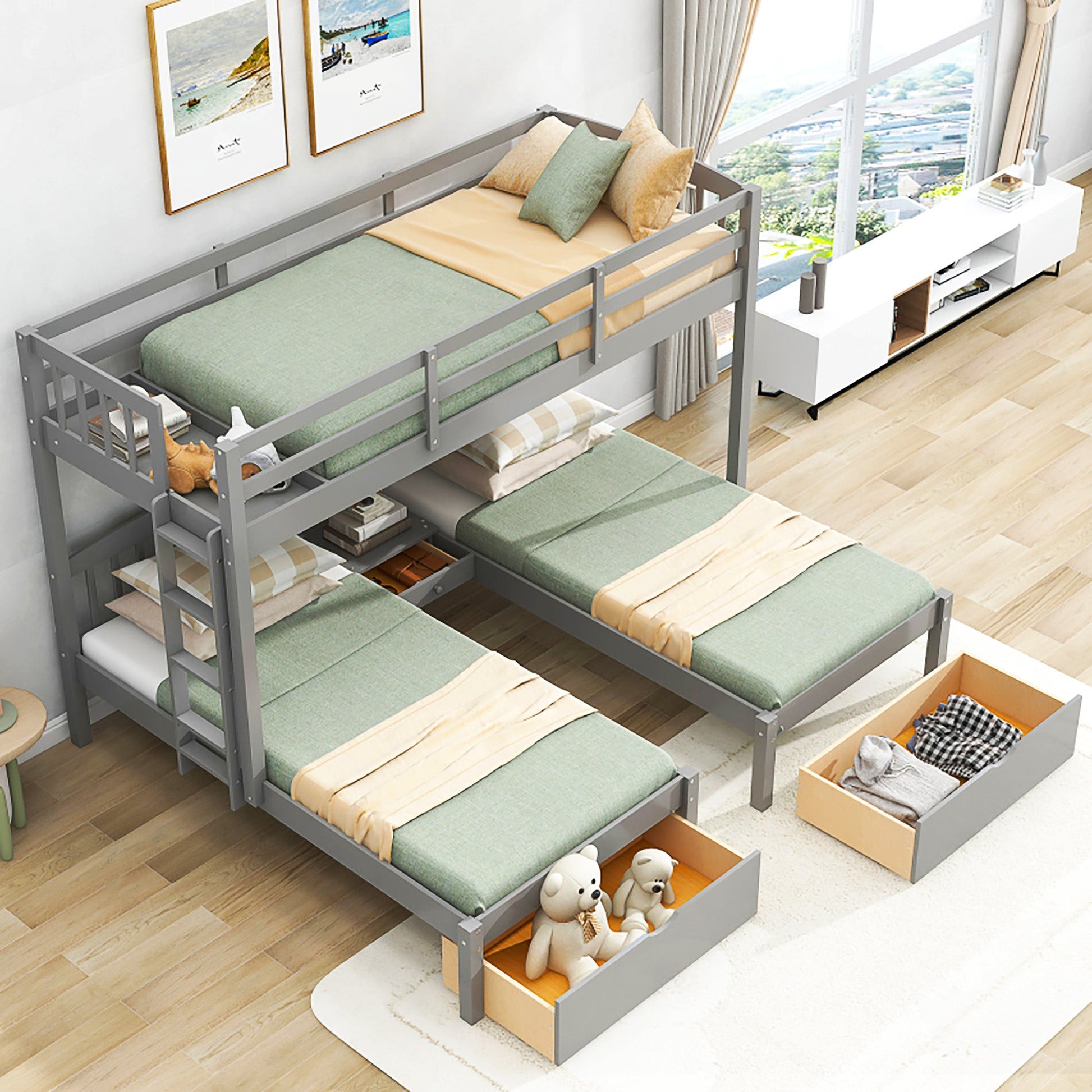 Bunk Beds Double Parallel With Middle Storage Staircase And Full Length Guardrail F416 - Lusy Store
