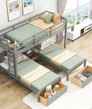 Bunk Beds Double Parallel With Middle Storage Staircase And Full Length Guardrail F416 - Lusy Store