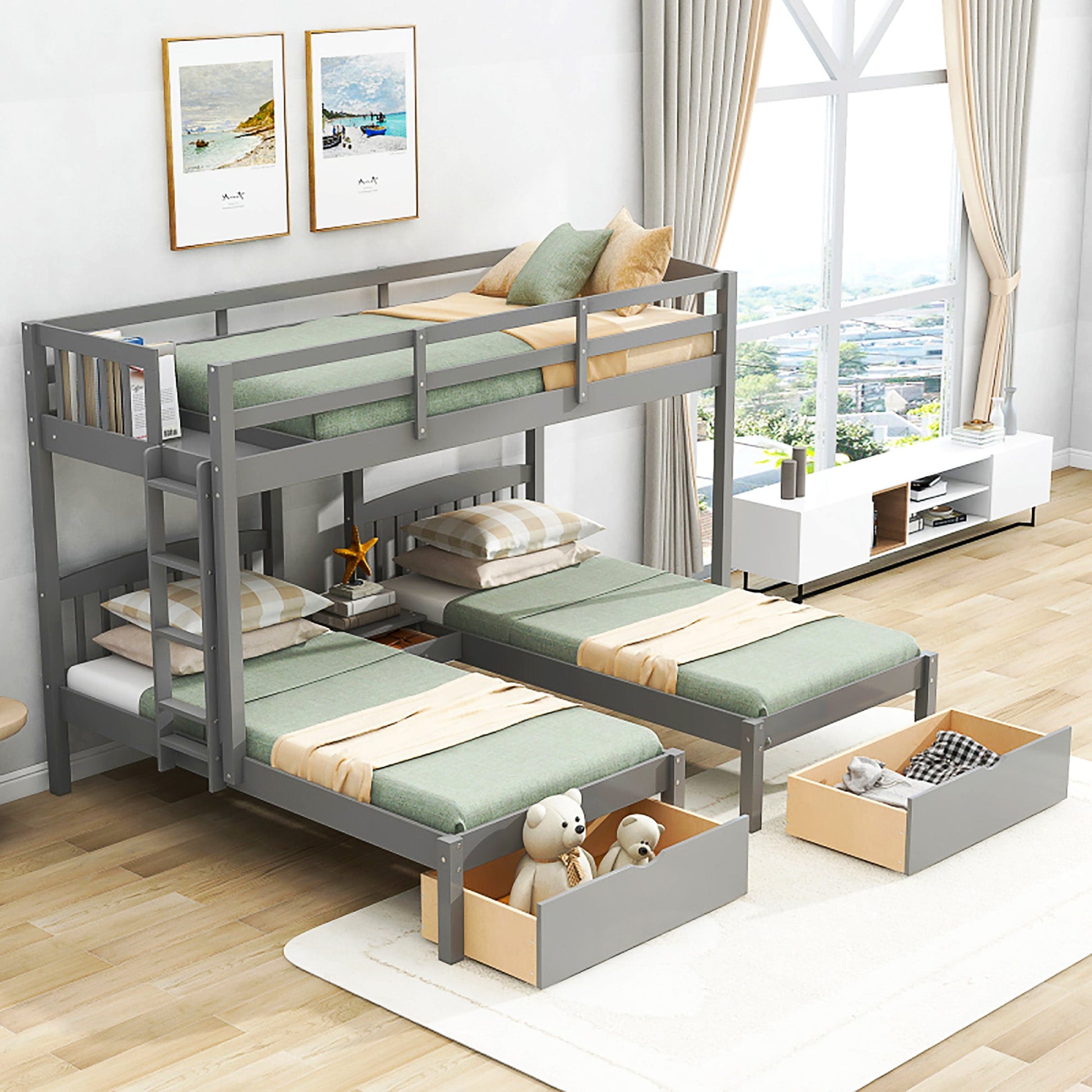 Bunk Beds Double Parallel With Middle Storage Staircase And Full Length Guardrail F416 - Lusy Store