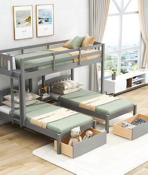 Bunk Beds Double Parallel With Middle Storage Staircase And Full Length Guardrail F416 - Lusy Store