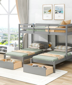 Bunk Beds Double Parallel With Middle Storage Staircase And Full Length Guardrail F416 - Lusy Store