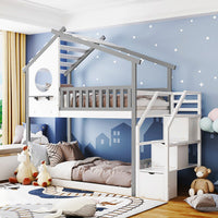 Bunk Beds Stairway Twin Over Twin Storage And Guard Rail Natural Bed F419 Grey Twin Twin (97.7"L x 40.5"W x 91.8"H)