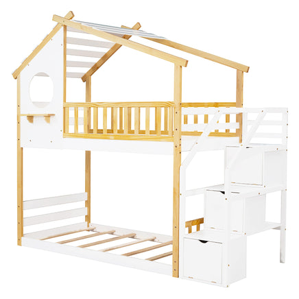 Bunk Beds Stairway Twin Over Twin Storage And Guard Rail Natural Bed F419
