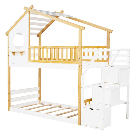 Bunk Beds Stairway Twin Over Twin Storage And Guard Rail Natural Bed F419 - Lusy Store
