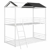 Bunk Beds Twin Bed Metal Bed With White Half Roof Guardrail And Ladder F411 - Lusy Store