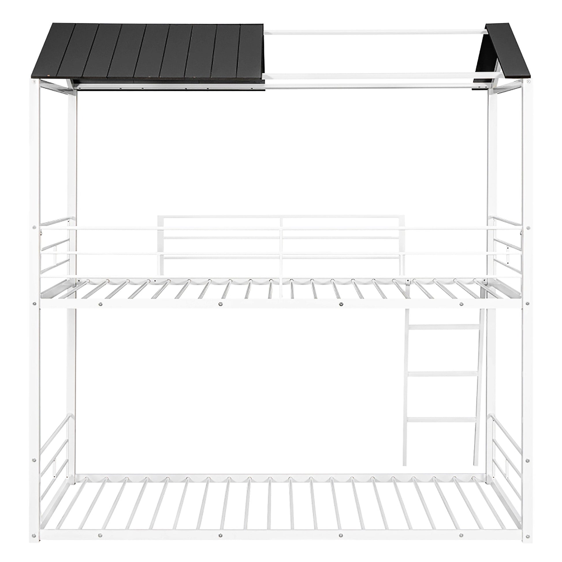 Bunk Beds Twin Bed Metal Bed With White Half Roof Guardrail And Ladder F411 - Lusy Store
