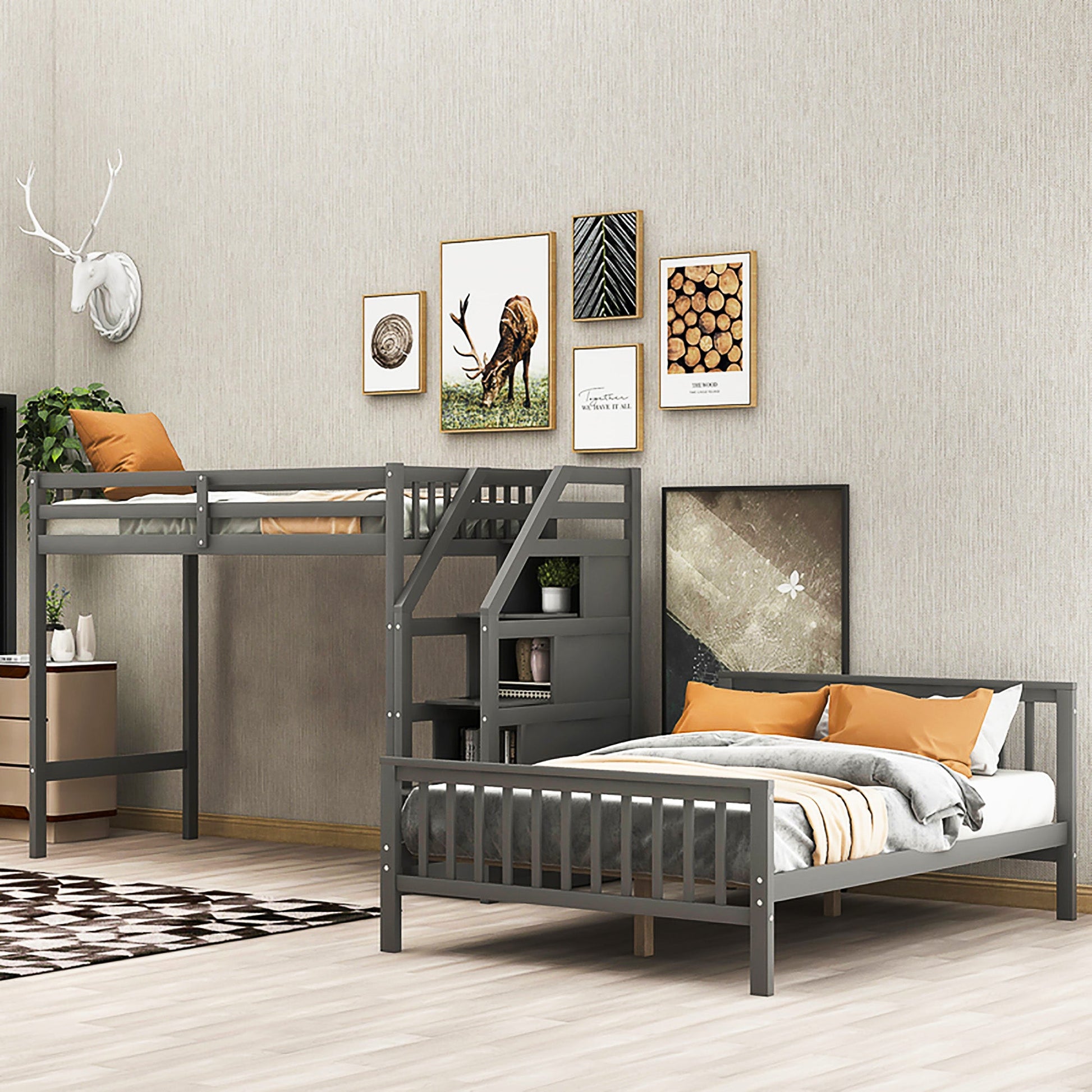 Bunk Beds Twin Over Twin L Shaped Loft Bed Ladder With 3 Storage Grids Easy to Assemble F417 - Lusy Store