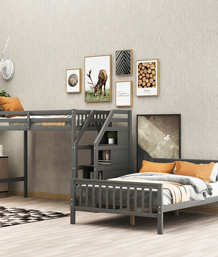 Bunk Beds Twin Over Twin L Shaped Loft Bed Ladder With 3 Storage Grids Easy to Assemble F417 - Lusy Store