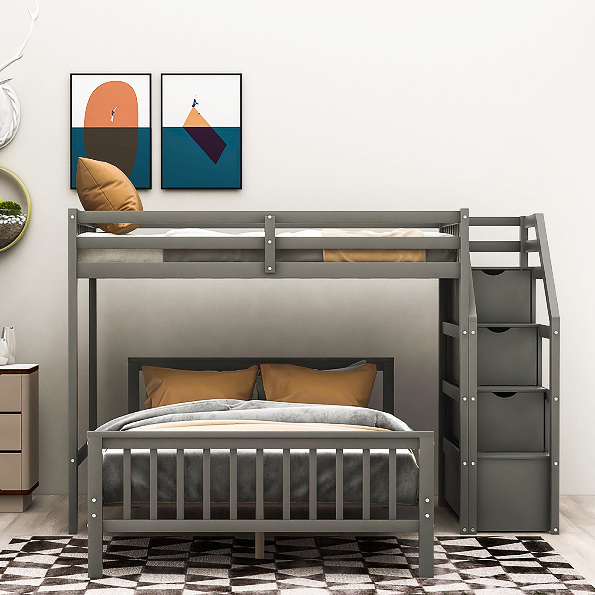 Bunk Beds Twin Over Twin L Shaped Loft Bed Ladder With 3 Storage Grids Easy to Assemble F417 - Lusy Store